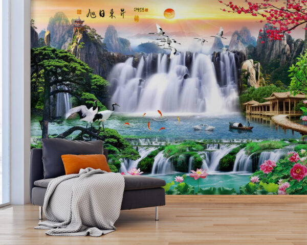 Waterfall with birds and flowers Wall murals Waterfall with birds and flowers