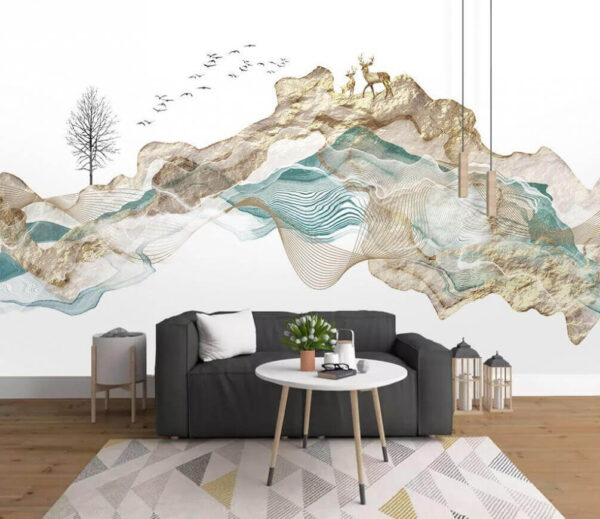 Wall murals Painting of a mountain with birds flying around