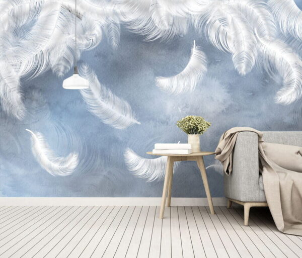 White feathers on a blue background Wall murals White feathers on a blue background