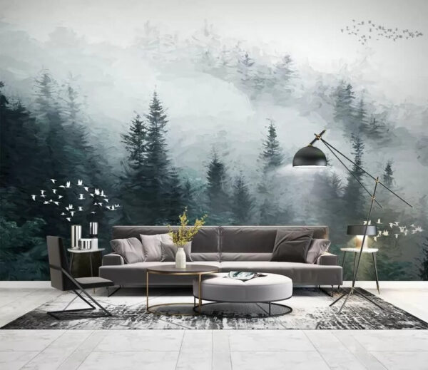 Foggy forest with birds flying Wall murals Foggy forest with birds flying