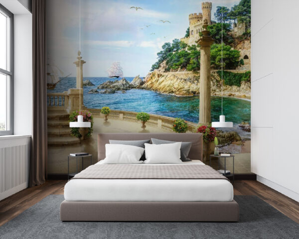 Balcony with columns and flowers on the side of the ocean Wall murals Balcony with columns and flowers on the side of the ocean