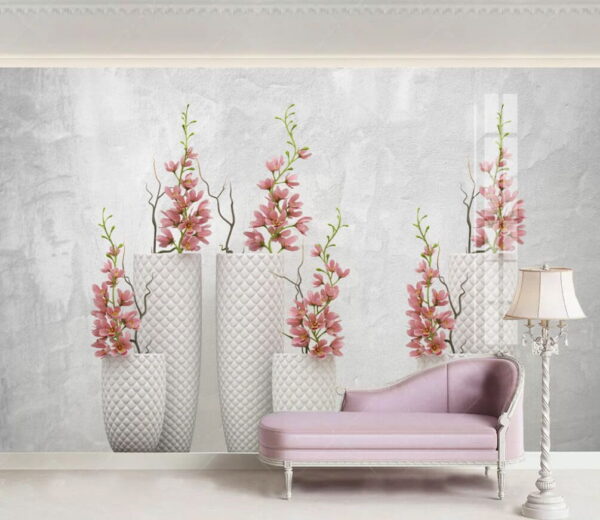 Group of white vases with pink flowers Wall murals Group of white vases with pink flowers