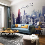Wall murals Birds flying over a city