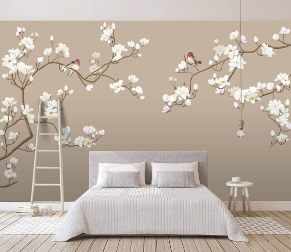 Sparrows resting on blossoming branches Wall murals Sparrows resting on blossoming branches