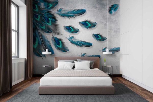 Blue feathers scattered on textured background Wall murals Blue feathers scattered on textured background
