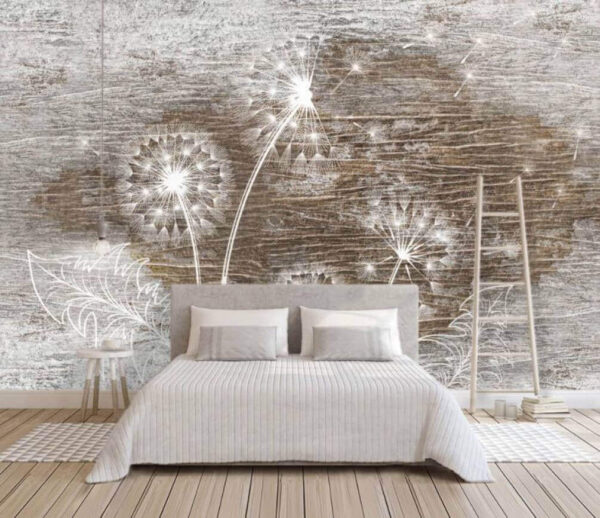 White dandelions on a wood surface Wall murals White dandelions on a wood surface
