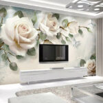 Wall murals White rose with green leaves