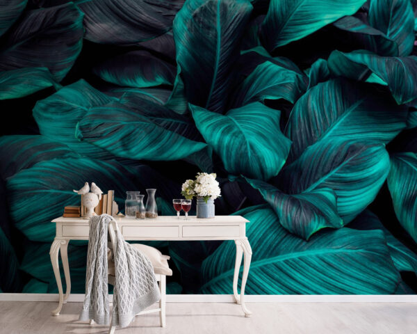 Lush leaves in deep turquoise tones Wall murals Lush leaves in deep turquoise tones