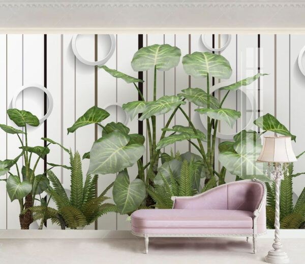 Lush leaves against a striped wall Wall murals Lush leaves against a striped wall