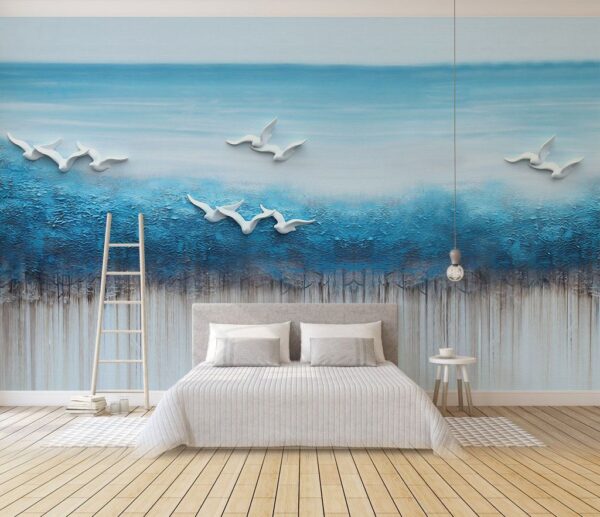 Painting of birds flying over a blue ocean Wall murals Painting of birds flying over a blue ocean
