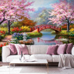 Wall murals Serene garden with pink blossoms.