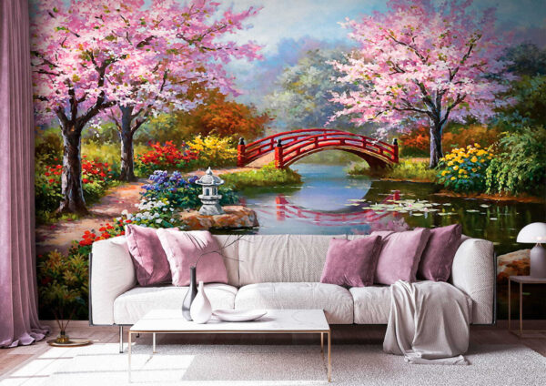 Serene garden with pink blossoms Wall murals Serene garden with pink blossoms