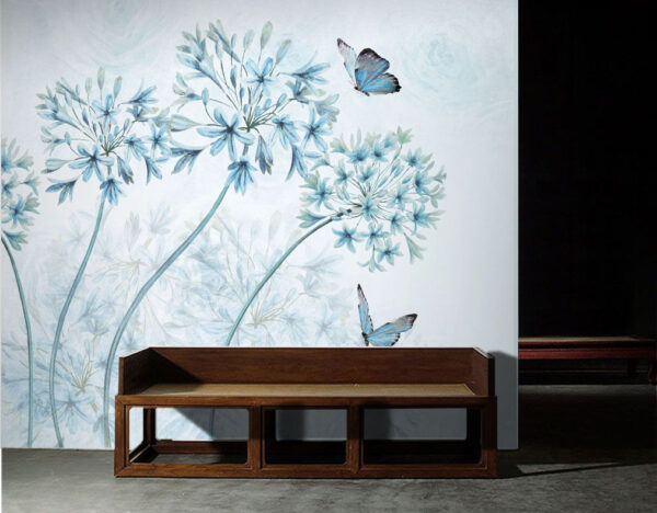 Blue flowers and butterflies in harmony Wall murals Blue flowers and butterflies in harmony