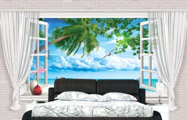 Window with a view of the beach and birds Wall murals Window with a view of the beach and birds