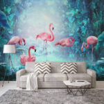 Wall murals Group of pink flamingos in a forest
