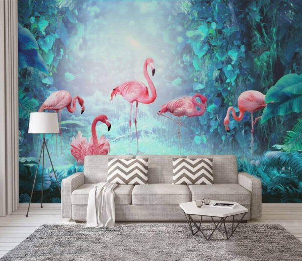 Group of pink flamingos in a forest Wall murals Group of pink flamingos in a forest