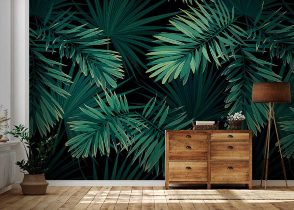 Tropical leaves pattern on black background Wall murals Tropical leaves pattern on black background