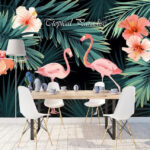 Wall murals Couple of pink flamingos and flowers