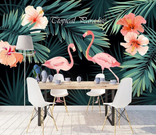 Couple of pink flamingos and flowers Wall murals Couple of pink flamingos and flowers