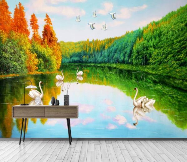 Painting of swans on a lake Wall murals Painting of swans on a lake