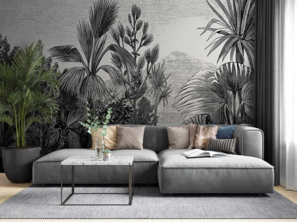 Black and white drawing of a tropical forest Wall murals Black and white drawing of a tropical forest