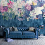 Wall murals Floral tapestry over blue waves.
