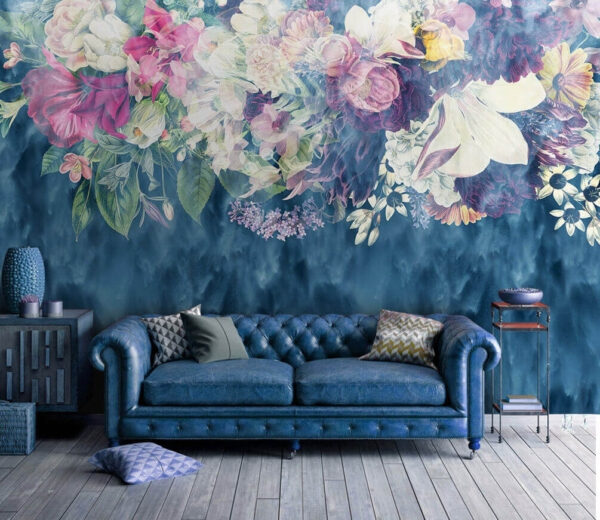 Floral tapestry over blue waves Wall murals Floral tapestry over blue waves