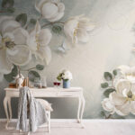 Wall murals White flowers and leaves on a white background