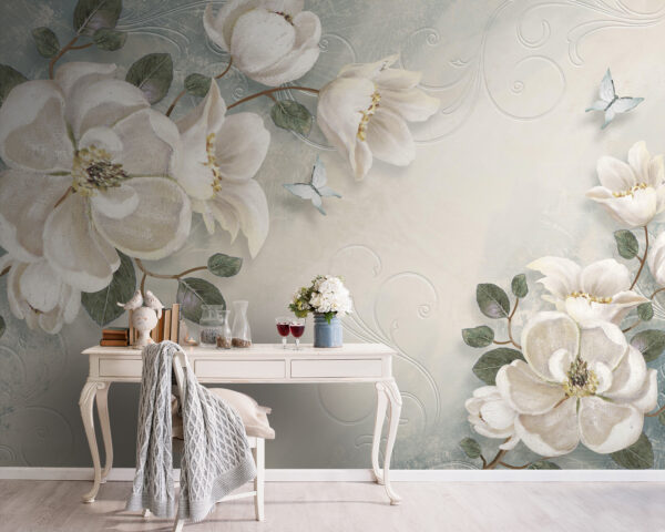 White flowers and leaves on a white background Wall murals White flowers and leaves on a white background