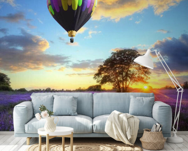 Group of hot air balloons flying over a field of flowers Wall murals Group of hot air balloons flying over a field of flowers