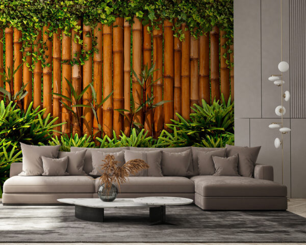 Bamboo fence with plants Wall murals Bamboo fence with plants