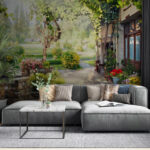 Wall murals Stone walkway with a tree and flowers