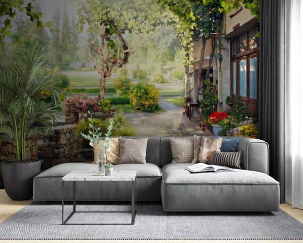 Stone walkway with a tree and flowers Wall murals Stone walkway with a tree and flowers