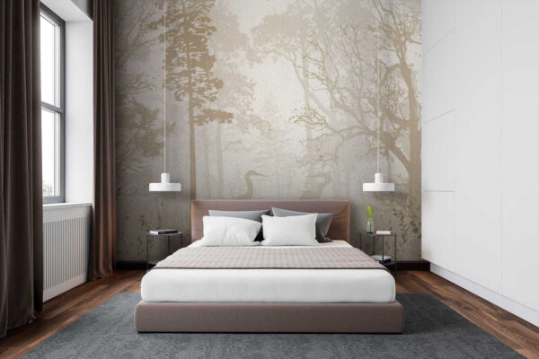 Herons in a misty forest landscape Wall murals Herons in a misty forest landscape