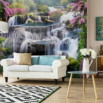 Wall murals Enchanting waterfall amidst vibrant blossoms.