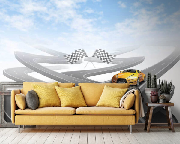 Yellow sports car on a road Wall murals Yellow sports car on a road