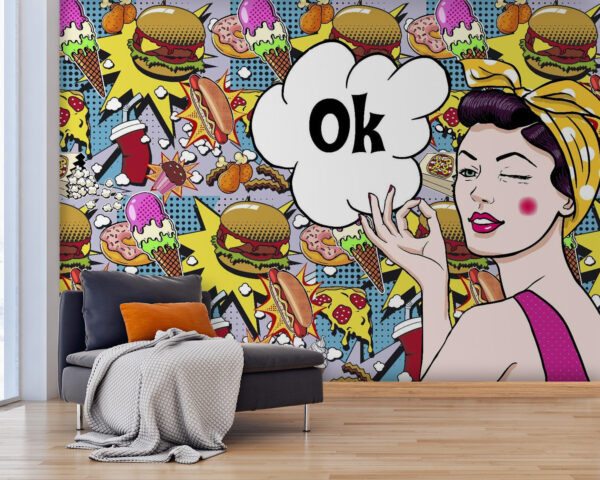 Woman holding a bubble with food Wall murals Woman holding a bubble with food