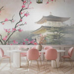 Wall murals Blossoms framing serene Japanese temple