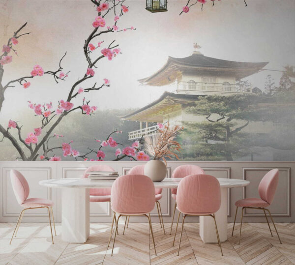 Blossoms framing serene Japanese temple Wall murals Blossoms framing serene Japanese temple