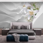 Wall murals Lilies against wavy white pattern