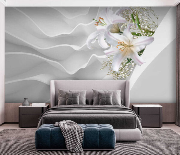 Lilies against wavy white pattern Wall murals Lilies against wavy white pattern