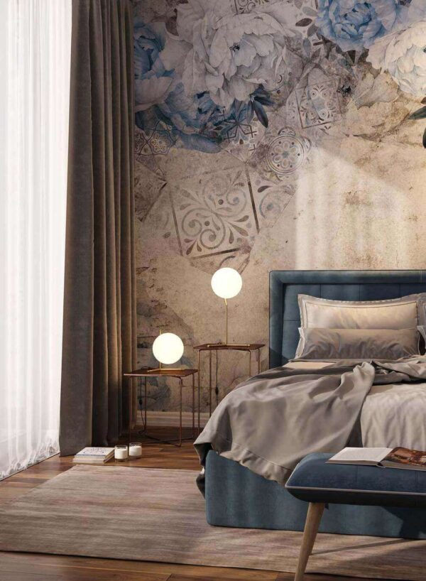 Wall murals Blue floral pattern with vintage tiles (SKU: u60497) Wall murals Wall murals Blue floral pattern with vintage tiles (SKU: u60497)