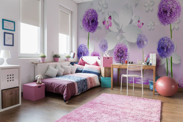 Purple blooms with butterflies and reflections Wall murals Purple blooms with butterflies and reflections