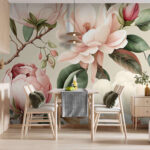 Wall murals Delicate blossoms and lush green leaves.