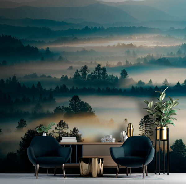 Foggy forest with trees and sun rays Wall murals Foggy forest with trees and sun rays