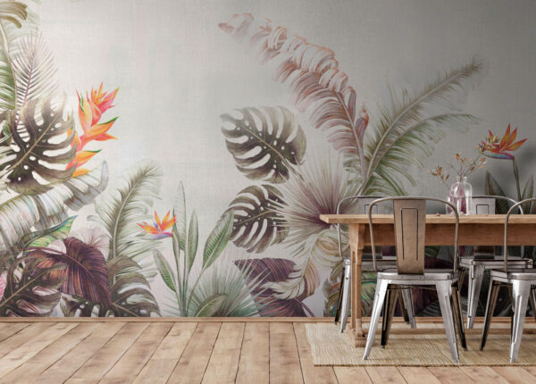 Tropical leaves and vibrant flowers Wall murals Tropical leaves and vibrant flowers