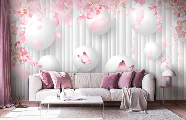 Group of white balls with pink butterflies on them Wall murals Group of white balls with pink butterflies on them