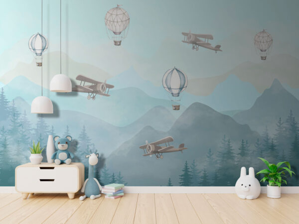 Planes and balloons over misty mountains Wall murals Planes and balloons over misty mountains