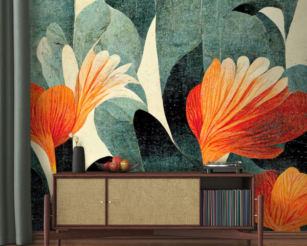 Vibrant petals amidst lush green leaves Wall murals Vibrant petals amidst lush green leaves
