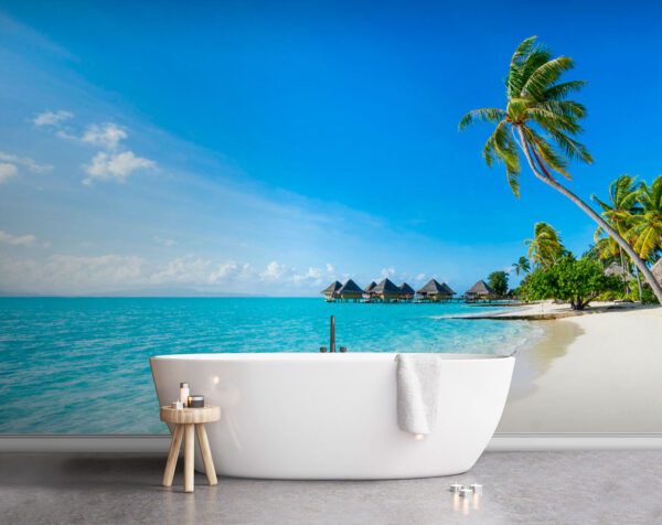 Beach with palm trees and straw umbrellas Wall murals Beach with palm trees and straw umbrellas